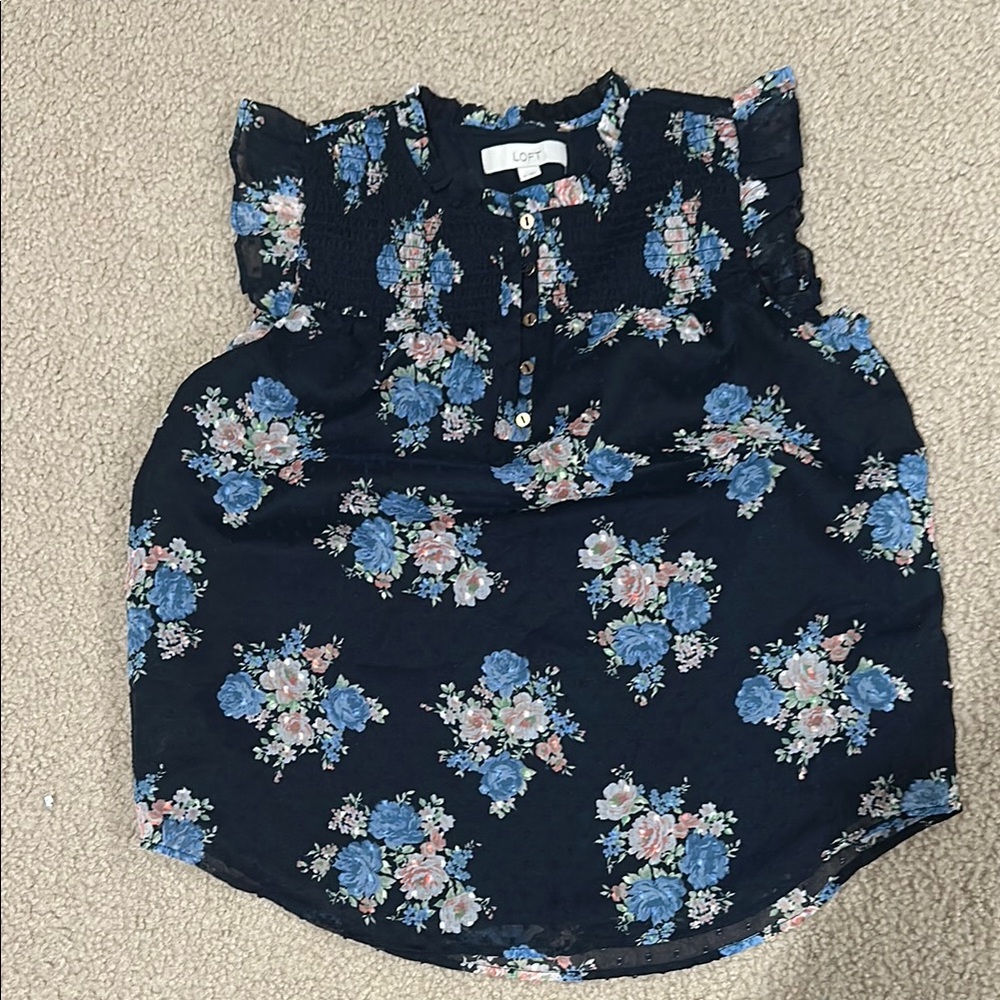 LOFT Floral Ruffle Sleeve Top - Black and Blue
